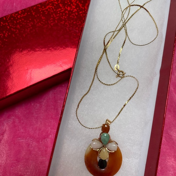 14k 585 GOLD ITALY MULTICOLOR JADE ONYX DISC FLOWER PENDANT NECKLACE 21 3/4CHAIN - Picture 13 of 15